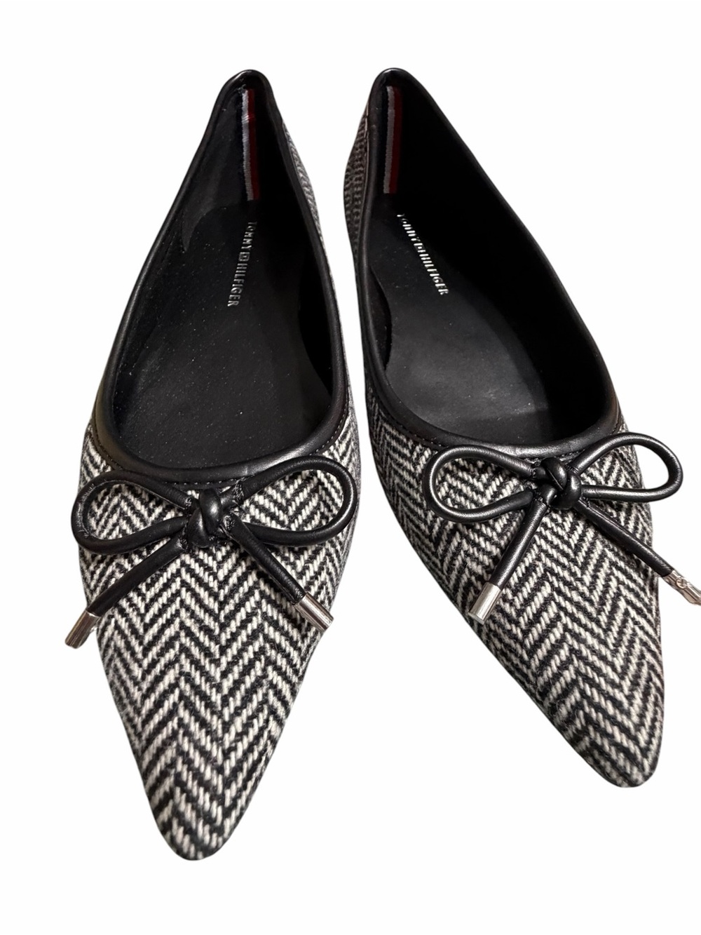 Tommy Hilfiger Black & White Herringbone Pointed Ballet Flats with Bow